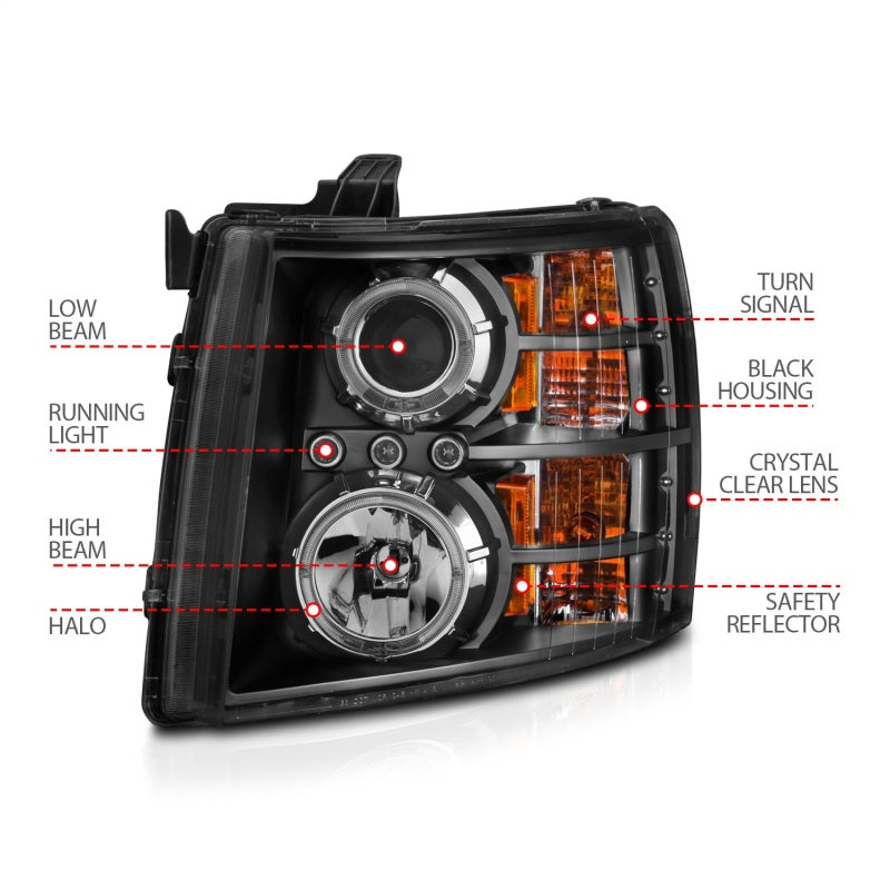ANZO 2007-2013 Chevrolet Silverado 1500 Projector Headlights w/ Halo Black - Burkken Auto Parts