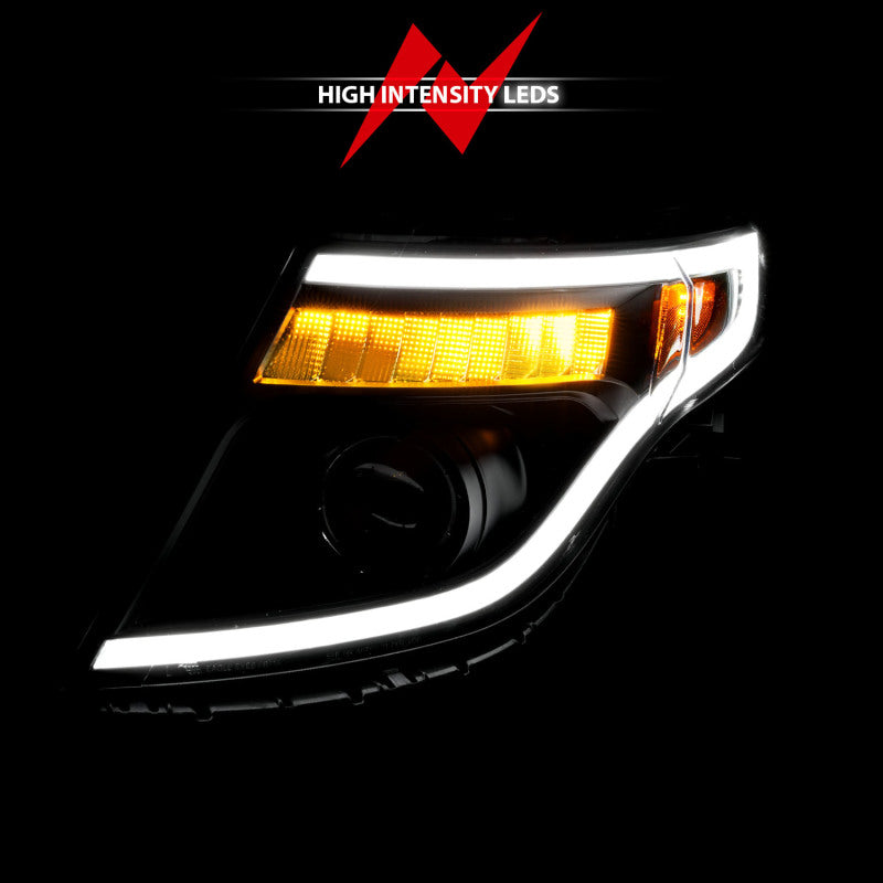 ANZO 11-15 Ford Explorer (w/Factory Halogen HL Only) Projector Headlights w/Light Bar Black Housing - Burkken Auto Parts