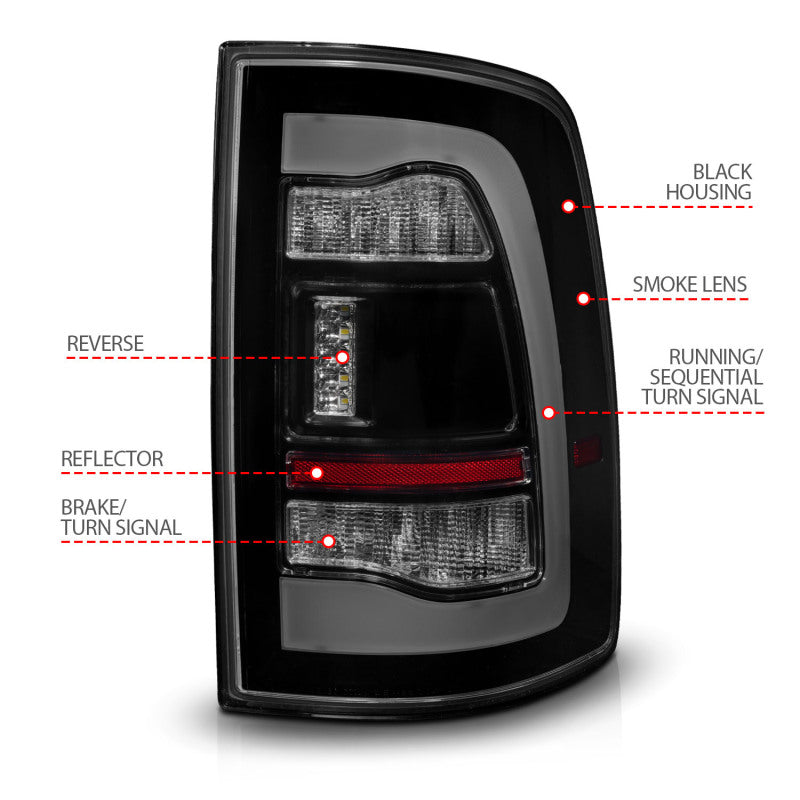 ANZO 09-18 Dodge Ram 1500 Sequential LED Taillights Smoke Black w/Switchback Amber Signal - Burkken Auto Parts