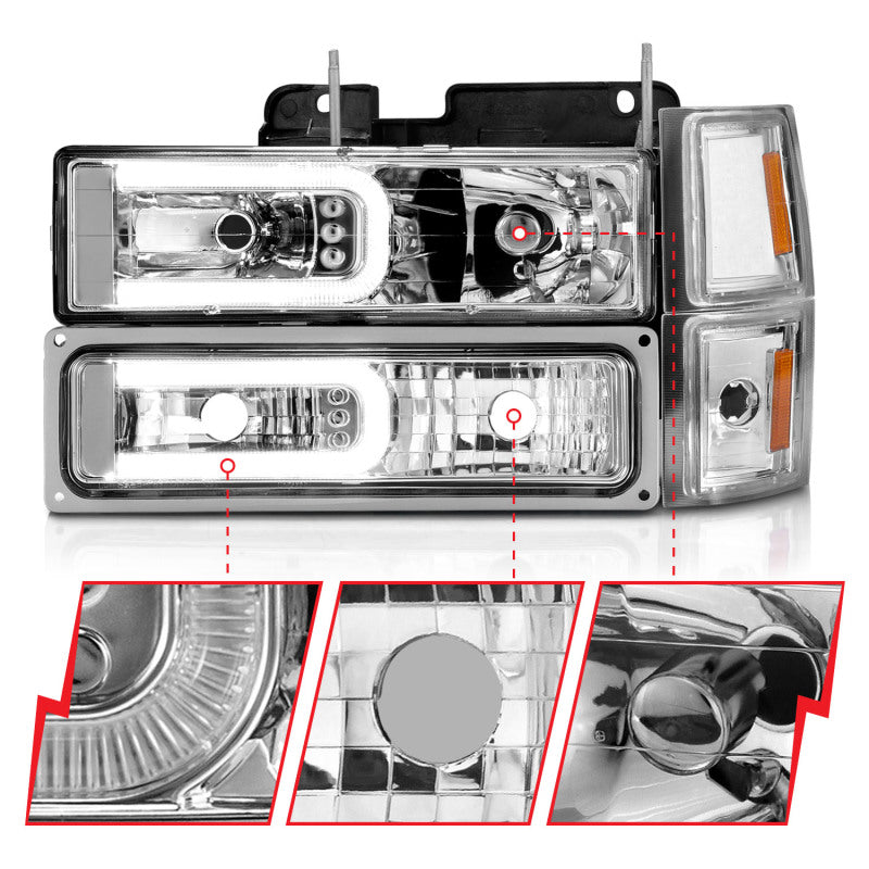 ANZO 88-98 Chevrolet C1500 Crystal Headlights w/Light Bar Chrome Housing w/ Signal Side Markers 8Pcs - Burkken Auto Parts