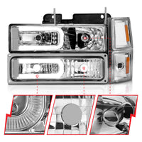 ANZO 88-98 Chevrolet C1500 Crystal Headlights w/Light Bar Chrome Housing w/ Signal Side Markers 8Pcs - Burkken Auto Parts