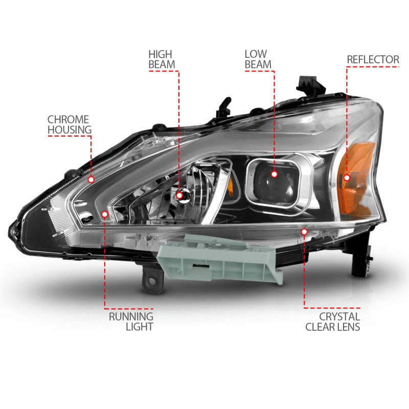 ANZO 13-15 Nissan Altima (w/o Factory HID Bulbs) Projector Headlights - w/ Light Bar Chrome Housing - Burkken Auto Parts