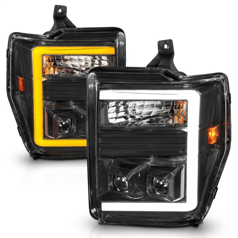 ANZO 08-10 Ford F-250 - F-550 Super Duty Projector Headlights w/ Light Bar Switchback Black Housing - Burkken Auto Parts