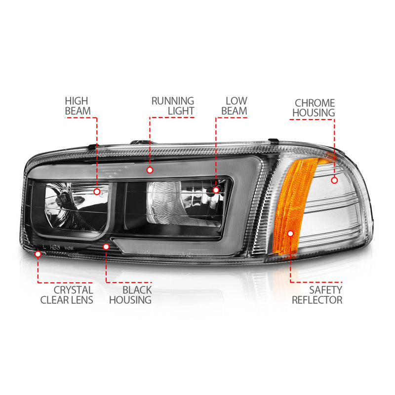 ANZO 99-17 GMC Sierra/Denali Headlights Black Amber (w/C Light Bars) - Burkken Auto Parts
