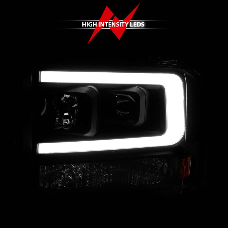 ANZO 99-04 Ford F250/F350/F450/Excursion (excl 99) Projector Headlights - w/ Light Bar Black Housing - Burkken Auto Parts