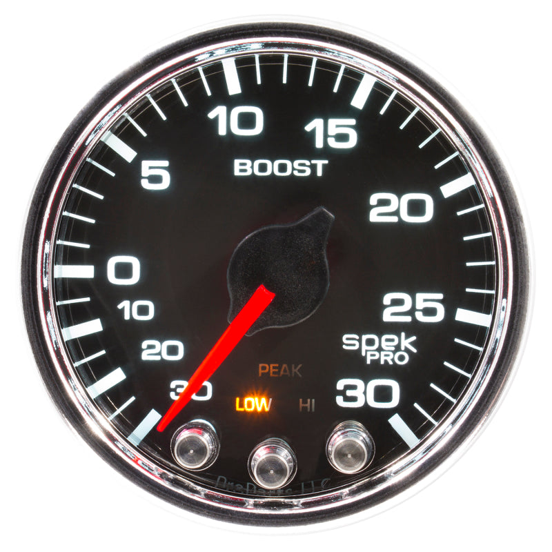 Autometer Spek-Pro Gauge Vac/Boost 2 1/16in 30Inhg-30psi Stepper Motor W/Peak & Warn Black/Chrome - Burkken Auto Parts