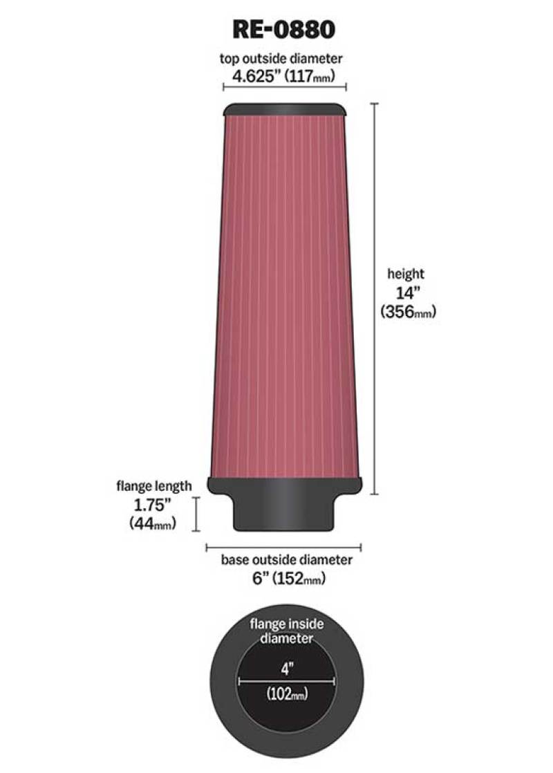 K&N Universal Rubber Filter 4inch FLG / 6inch OD-B / 4-5/8inch OD-T / 14inch H - Burkken Auto Parts