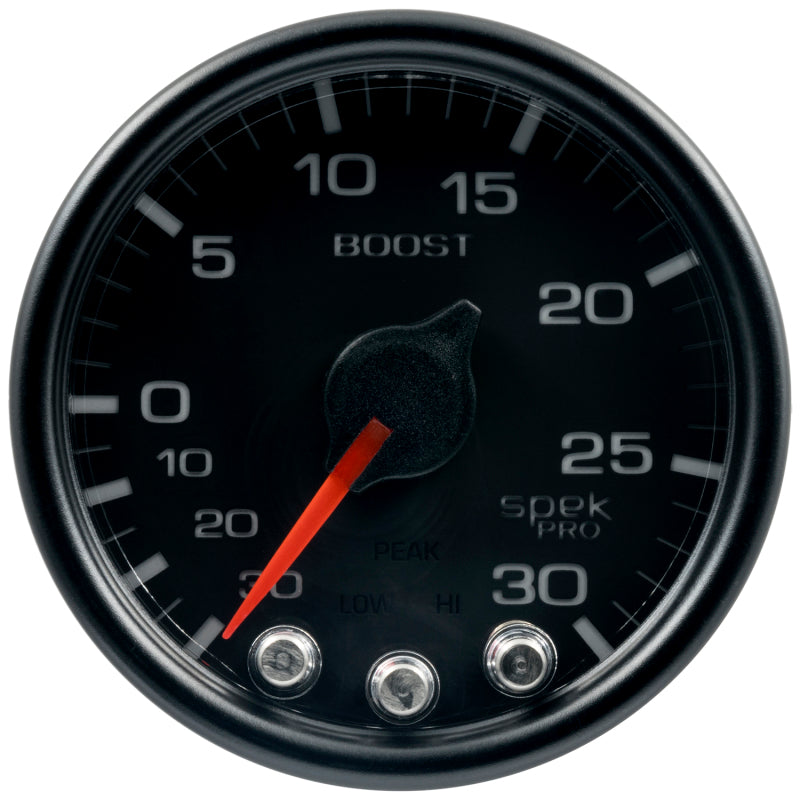 Autometer Spek-Pro Gauge Vac/Boost 2 1/16in 30Inhg-30psi Stepper Motor W/Peak & Warn Black/Black - Burkken Auto Parts