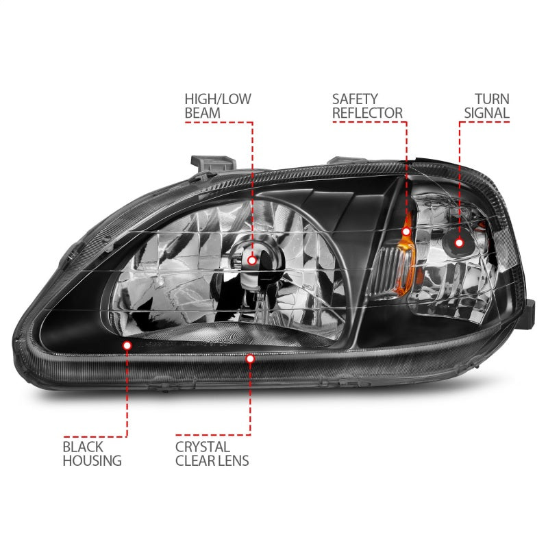 ANZO 1999-2000 Honda Civic Crystal Headlights Black - Burkken Auto Parts