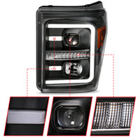 ANZO 2011-2016 Ford F250 Projector Headlights w/ Plank Style Switchback Black w/ Amber - Burkken Auto Parts