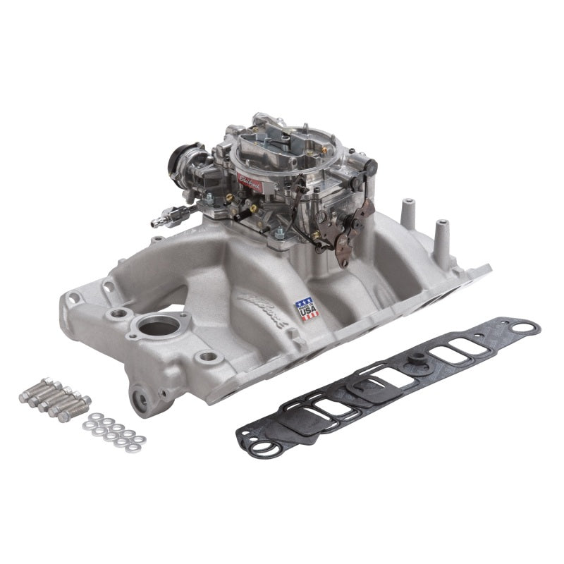 Edelbrock Manifold And Carb Kit Performer RPM Pontiac Natural Finish - Burkken Auto Parts