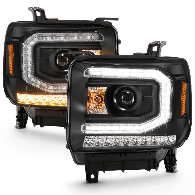 ANZO 2016-2019 GMC Sierra 1500 Projector Headlight Plank Style Black w/ Sequential Amber Signal - Burkken Auto Parts