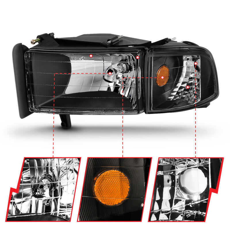 ANZO 1994-2001 Dodge Ram Crystal Headlights Black - Burkken Auto Parts