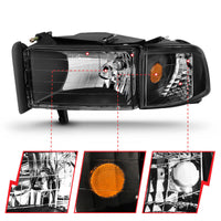 ANZO 1994-2001 Dodge Ram Crystal Headlights Black - Burkken Auto Parts
