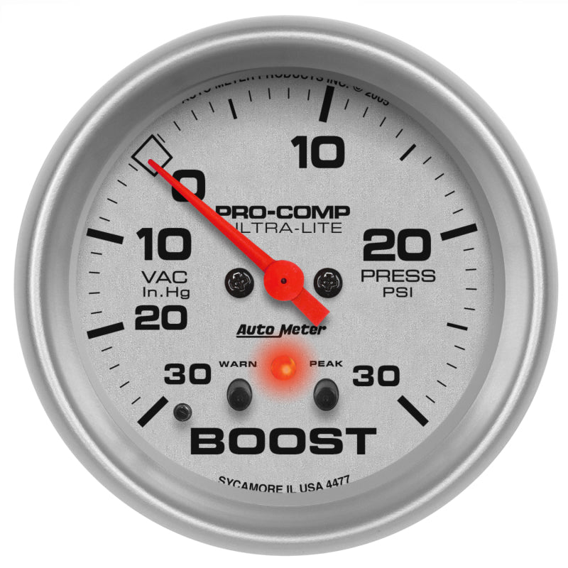 Autometer Ultra-Lite 66.7mm Full Sweep Elec 30 IN Hg/30 PSI Vacuum/Boost w/ Peak Memory & Warning - Burkken Auto Parts