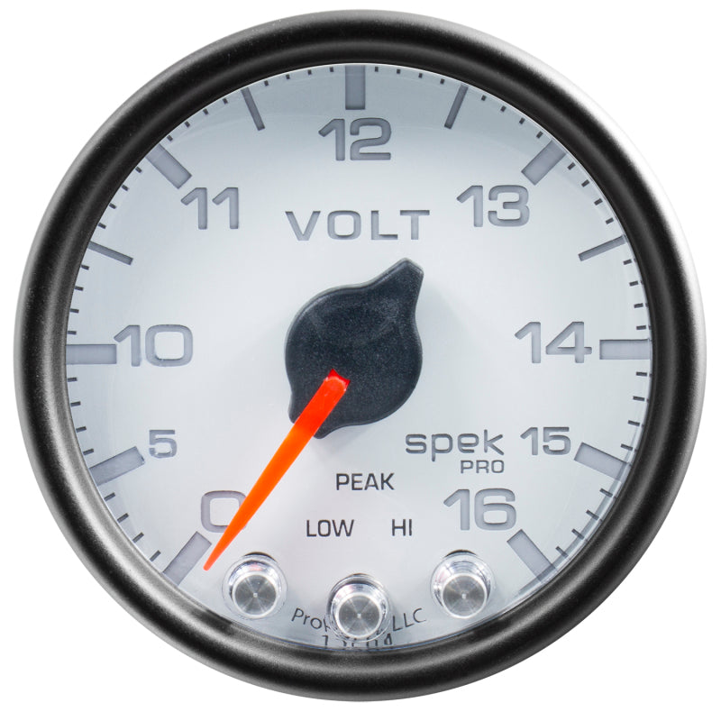 Autometer Spek-Pro Gauge Voltmeter 2 1/16in 16V Stepper Motor W/Peak & Warn Wht/Blk - Burkken Auto Parts