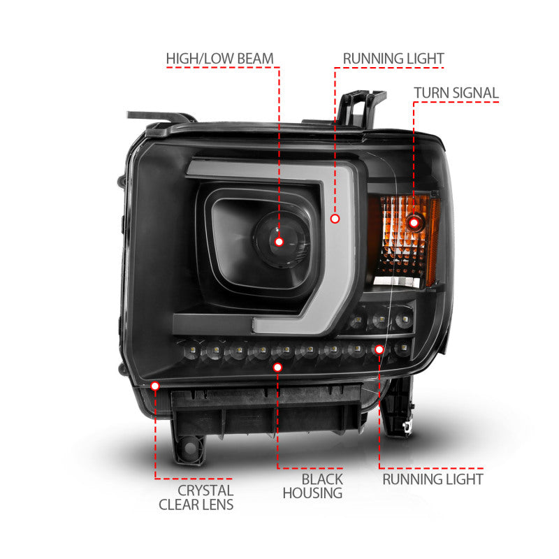 ANZO 2014-2015 GMC Sierra 1500HD Projector Plank Style Headlight Black W/ DRL - Burkken Auto Parts