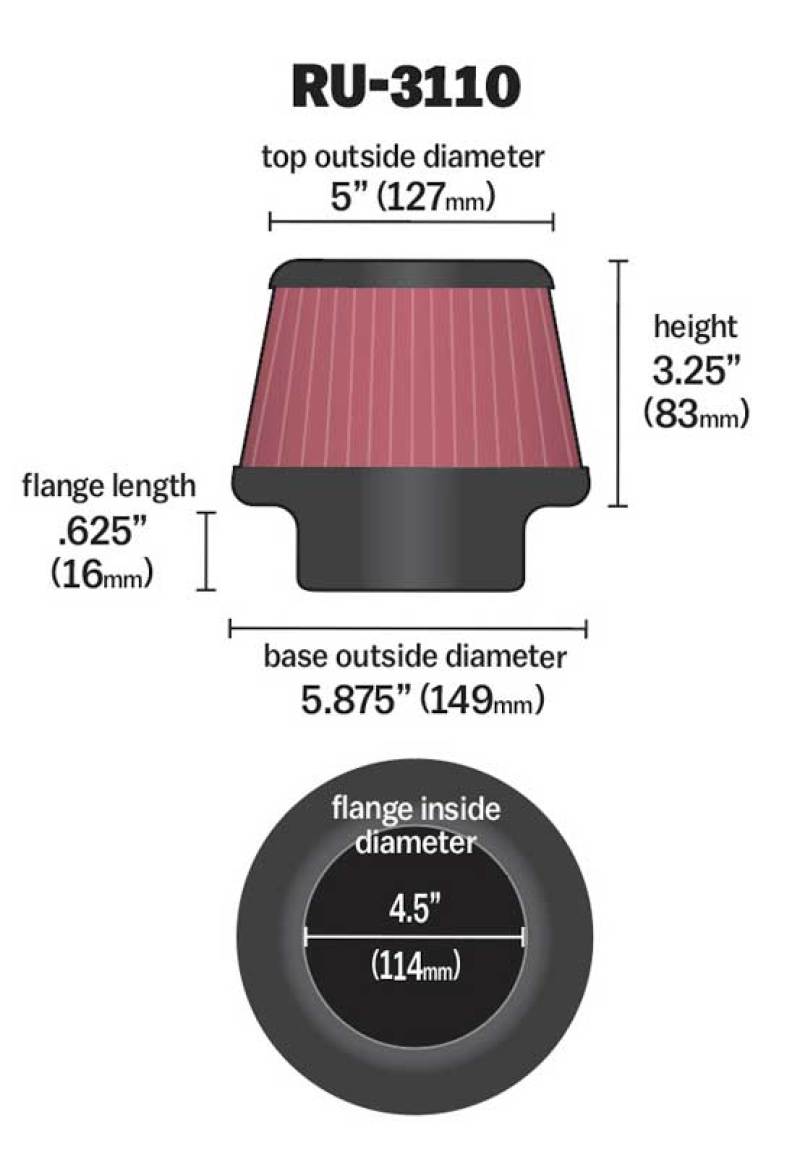 K&N Universal Rubber Filter Round Tapered 4.5in Flange ID x 5.875 Base OD x 5in Top OD x 3.25in H - Burkken Auto Parts