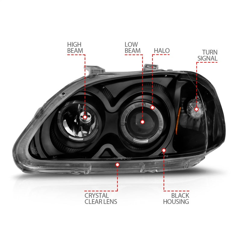 ANZO 1996-1998 Honda Civic Projector Headlights w/ Halo Black - Burkken Auto Parts