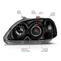 ANZO 1996-1998 Honda Civic Projector Headlights w/ Halo Black - Burkken Auto Parts