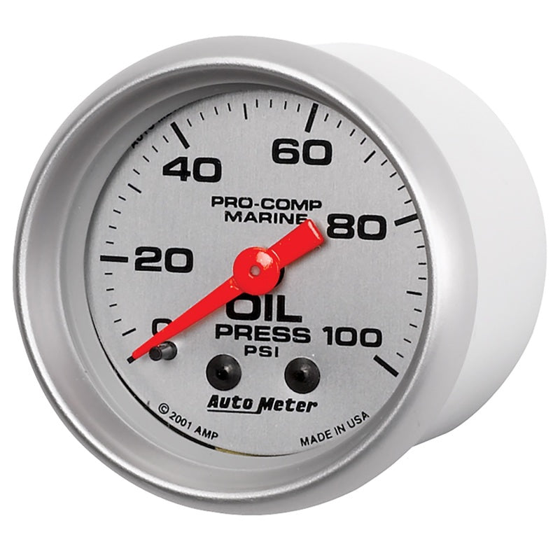 Autometer Marine Silver Oil Pressure 2 1/16in 100 psi Mechanical Gauge - Burkken Auto Parts