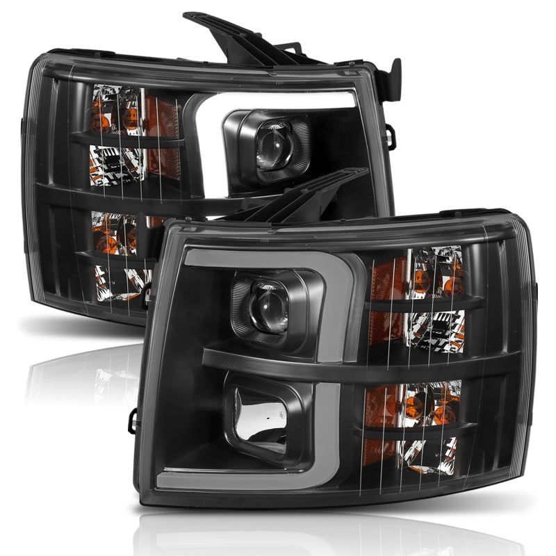 ANZO 07-13 Chevrolet Silverado 1500 Plank Style Projector Headlights Black w/ Amber - Burkken Auto Parts