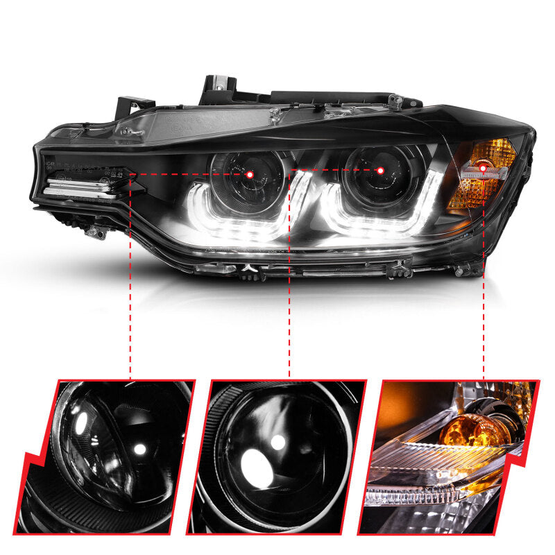 ANZO 2012-2015 BMW 3 Series Projector Headlights w/ U-Bar Black - Burkken Auto Parts