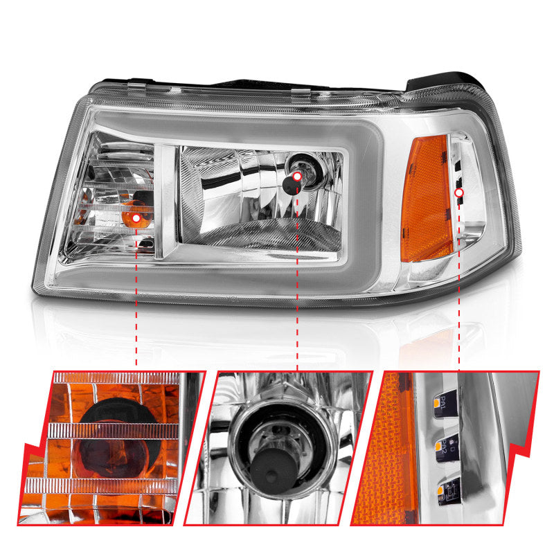 ANZO 2001-2011 Ford Ranger Crystal Headlights w/ Light Bar Chrome Housing - Burkken Auto Parts