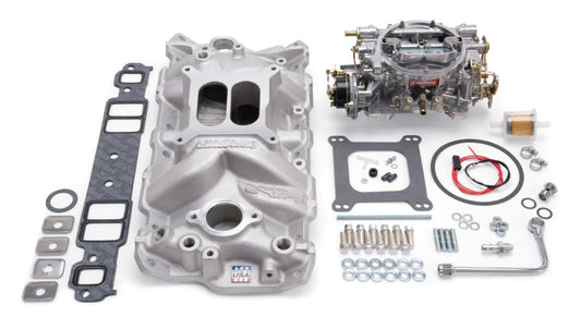 Edelbrock Manifold And Carb Kit Performer Eps Small Block Chevrolet 1957-1986 Natural Finish - Burkken Auto Parts