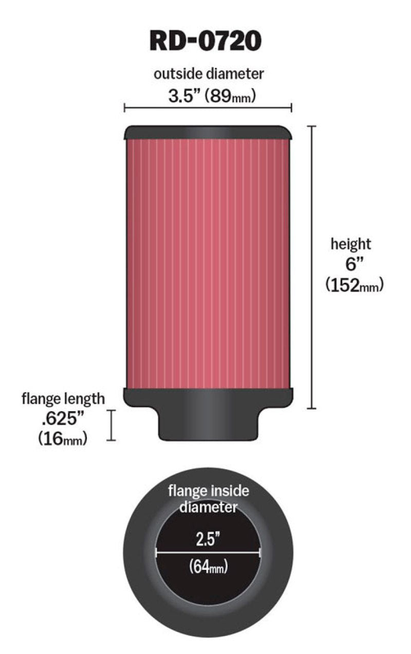 K&N Universal Rubber Filter 2.5in Flange ID x 3.5in OD x 6in Height - Burkken Auto Parts