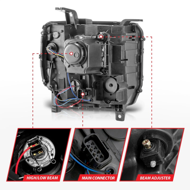 ANZO 14-15 GMC Sierra 1500/2500HD/3500HD Plank Style Projector Headlight - Chrome Housing - Burkken Auto Parts