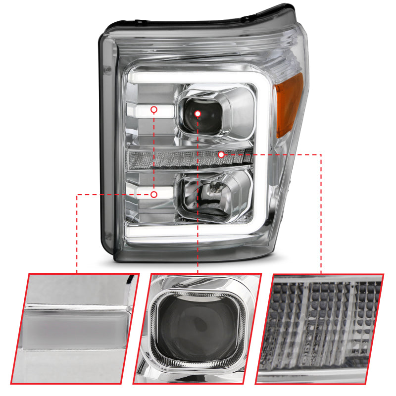 ANZO 11-16 Ford F-250/F-350/F-450 Projector Headlights w/ Plank Style Switchback Chrome w/Amber - Burkken Auto Parts