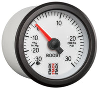 Autometer Stack 52mm -30INHG to +30 PSI (Incl T-Fitting) Mechanical Boost Pressure Gauge - White - Burkken Auto Parts