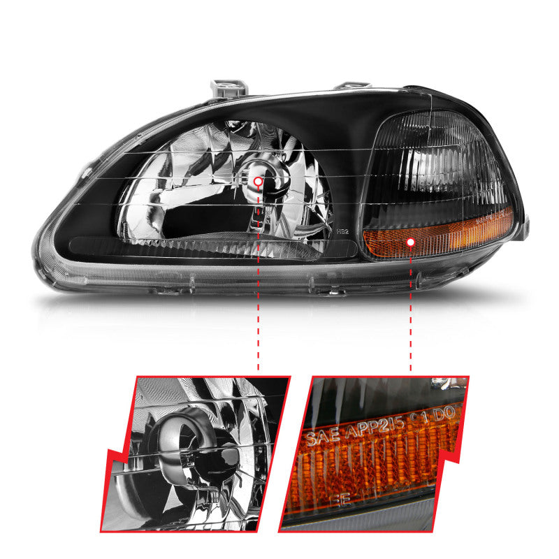 ANZO 1996-1998 Honda Civic Crystal Headlights Black - Burkken Auto Parts