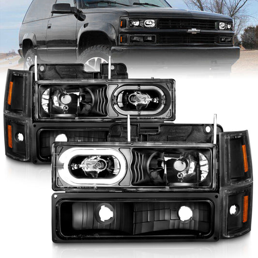 ANZO 88-98 Chevrolet C1500 Crystal Headlights Black Housing w/ Signal and Side Marker Lights - Burkken Auto Parts