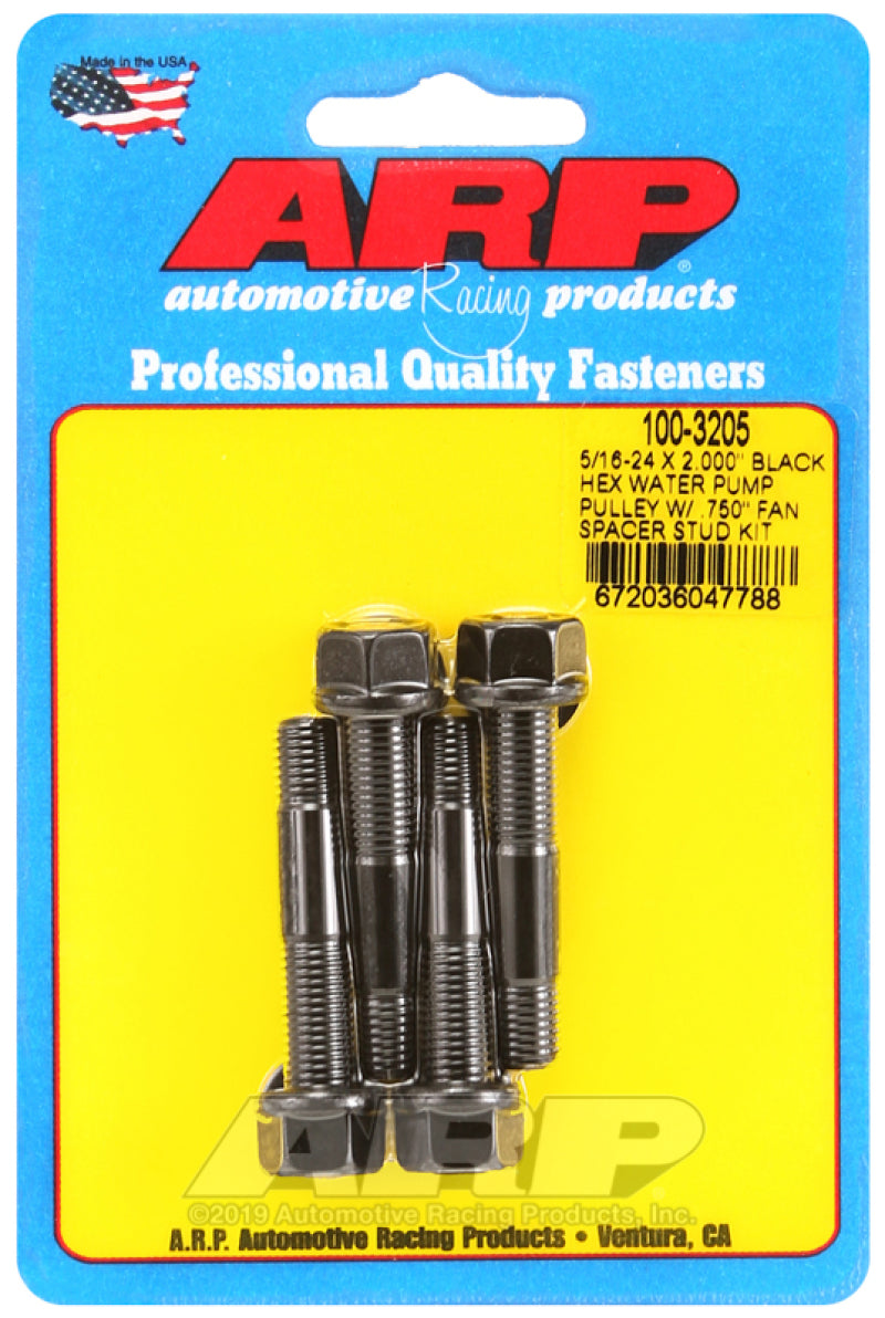 ARP 5/16-24 X 2.000 Black Hex Water Pump Pulley w/ .750in Fan Spacer Stud Kit - Burkken Auto Parts
