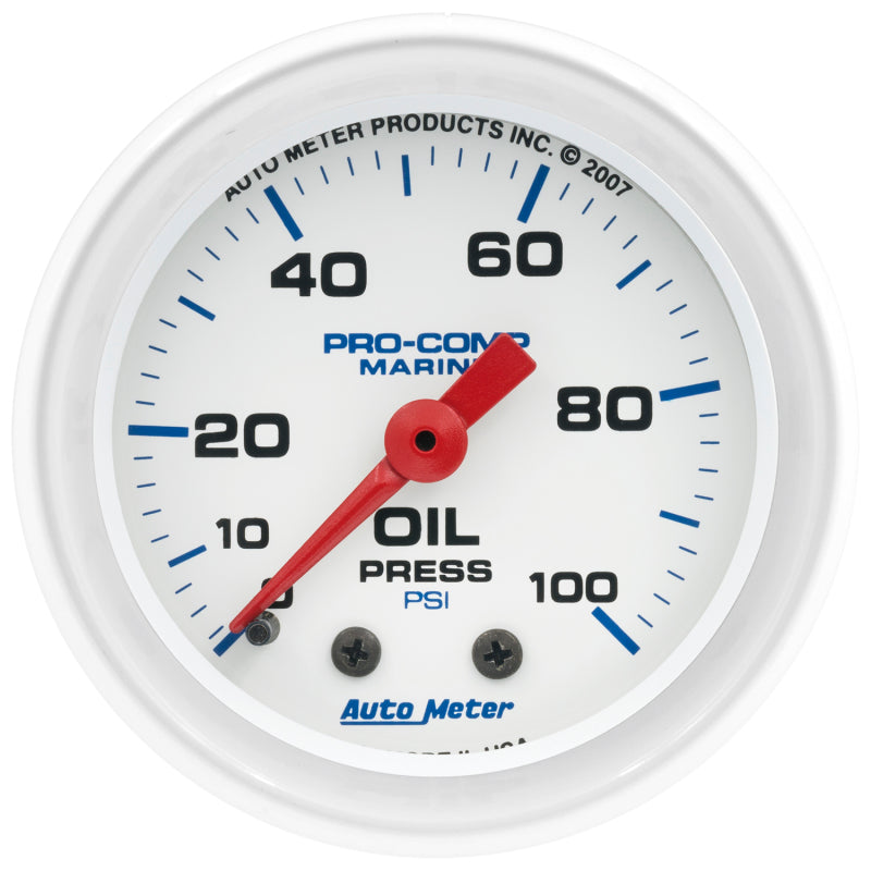 Autometer Marine White 2 1/16in 100 psi Mechanical Oil Pressure Gauge - Burkken Auto Parts