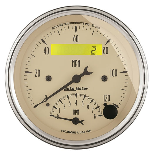AutoMeter Gauge Tach/Speedo 3-3/8in. 120MPH & 8K RPM Elec. Program. Antq Beige - Burkken Auto Parts