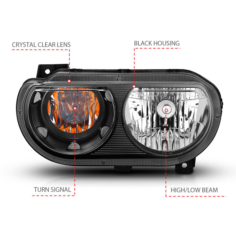 ANZO 2008-2014 Dodge Challenger Crystal Headlights Black - Burkken Auto Parts