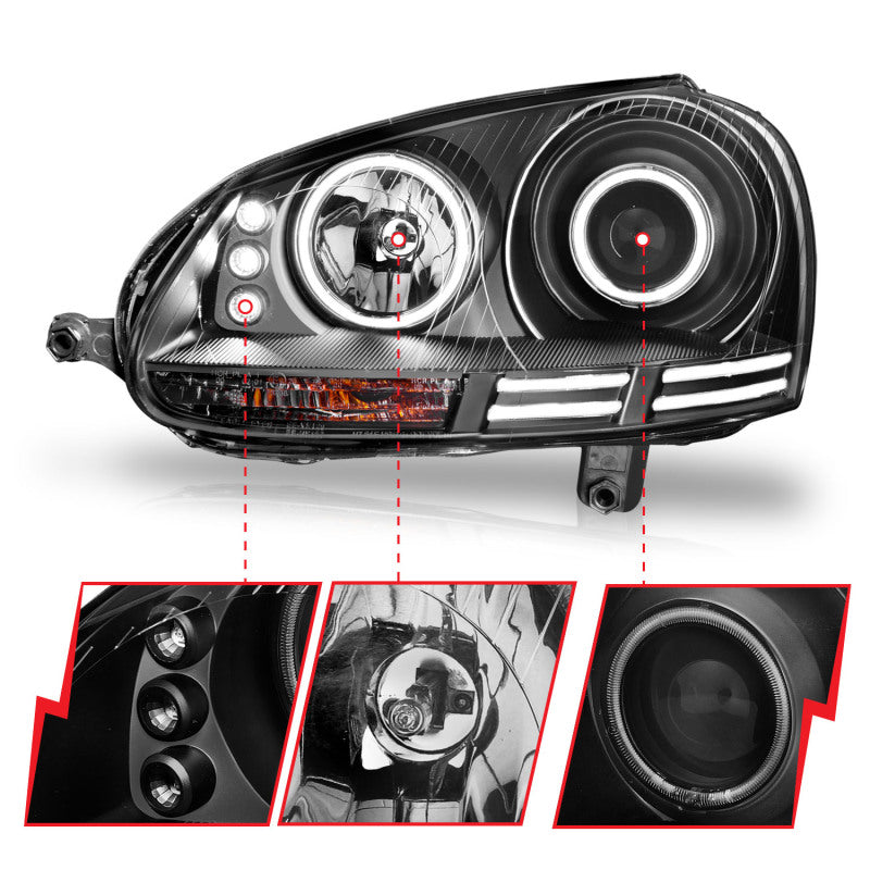 ANZO 2006-2009 Volkswagen Rabbit Projector Headlights w/ Halo Black (CCFL) - Burkken Auto Parts