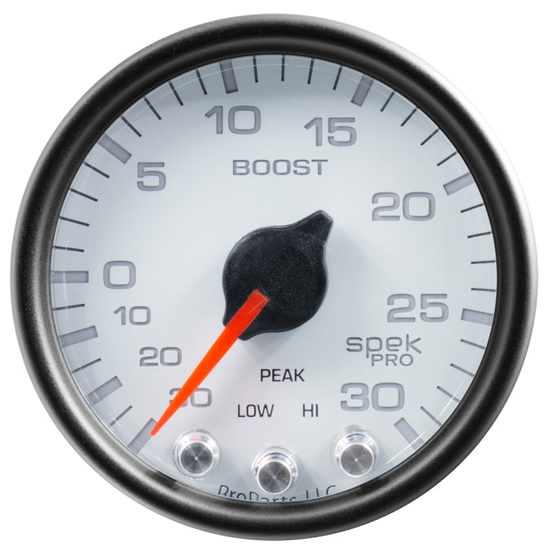 Autometer Spek-Pro Gauge Vac/Boost 2 1/16in 30Inhg-30psi Stepper Motor W/Peak & Warn White/Black - Burkken Auto Parts