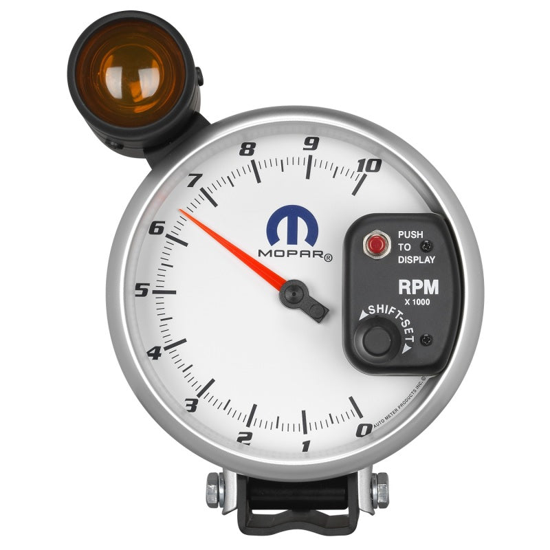 AutoMeter Gauge Tachometer 5in. 10K RPM Pedestal W/ Ext. Shift-Lite White Mopar - Burkken Auto Parts