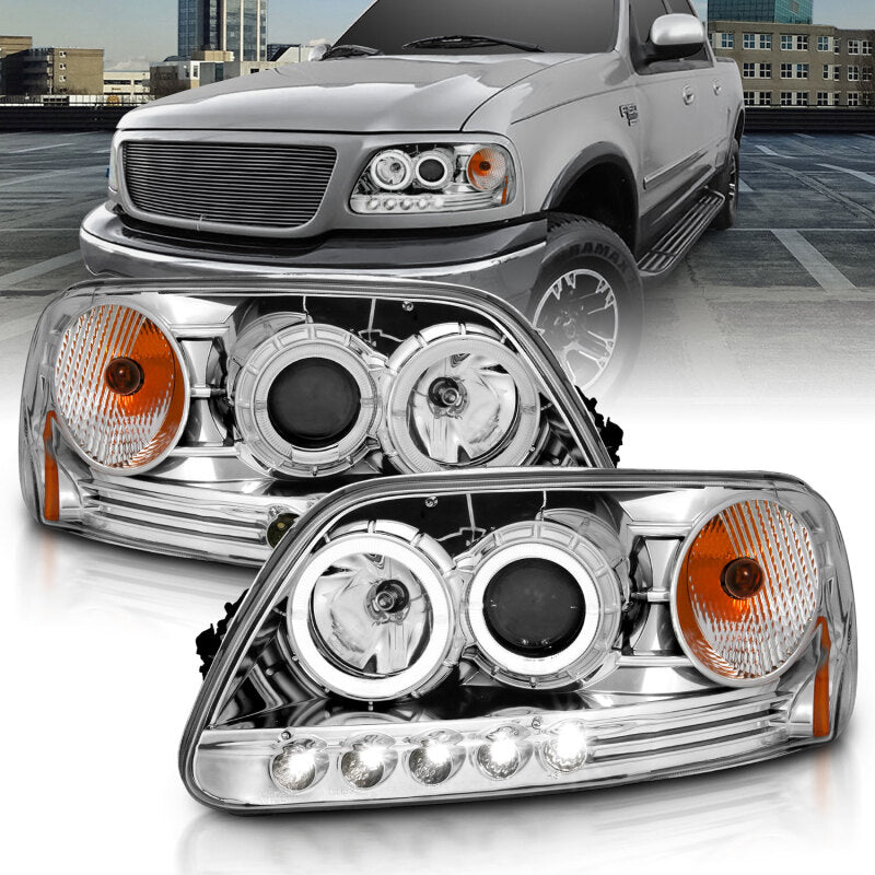 ANZO 1997.5-2003 Ford F-150 Projector Headlights w/ Halo and LED Chrome 1pc - Burkken Auto Parts