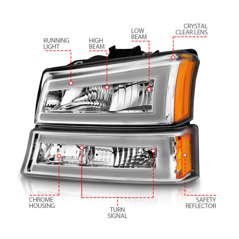 ANZO 2003-2006 Chevrolet Silverado 1500 Crystal Headlights w/ Light Bar Chrome Housing - Burkken Auto Parts