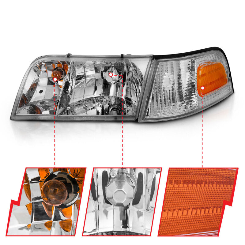 ANZO 1998-2005 Ford Crown Victoria Crystal Headlight Chrome With Bumper Light (OE) - Burkken Auto Parts