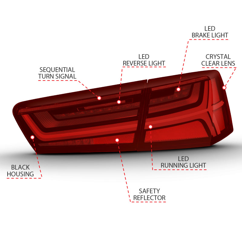 ANZO 2012-2018 Audi A6 LED Taillight Black Housing Red/Clear Lens 4 pcs (Sequential Signal) - Burkken Auto Parts