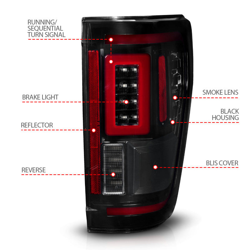 ANZO 21-23 Ford F-150 LED Taillights Seq. Signal w/BLIS Cover - Smoke Blk (For Factory Halogen ONLY) - Burkken Auto Parts
