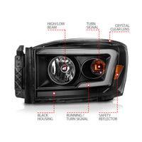 ANZO 06-09 Dodge RAM 1500/2500/3500 Headlights Black Housing/Clear Lens (w/Switchback Light Bars) - Burkken Auto Parts
