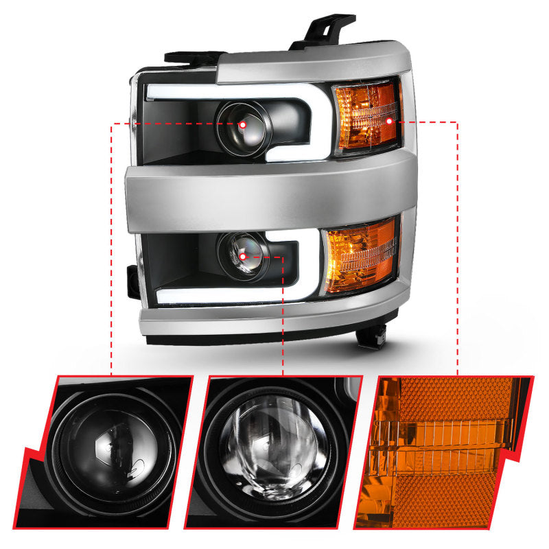 ANZO 2015-2016 Chevrolet Silverado Projector Headlights w/ Plank Style Design Black w/ Amber - Burkken Auto Parts