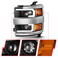 ANZO 2015-2016 Chevrolet Silverado Projector Headlights w/ Plank Style Design Black w/ Amber - Burkken Auto Parts